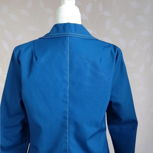 Vintage 70s Koratron Contrast Stitch Blazer Chore Jacket Koret Cerulean Blue Sm - Picture 10 of 16